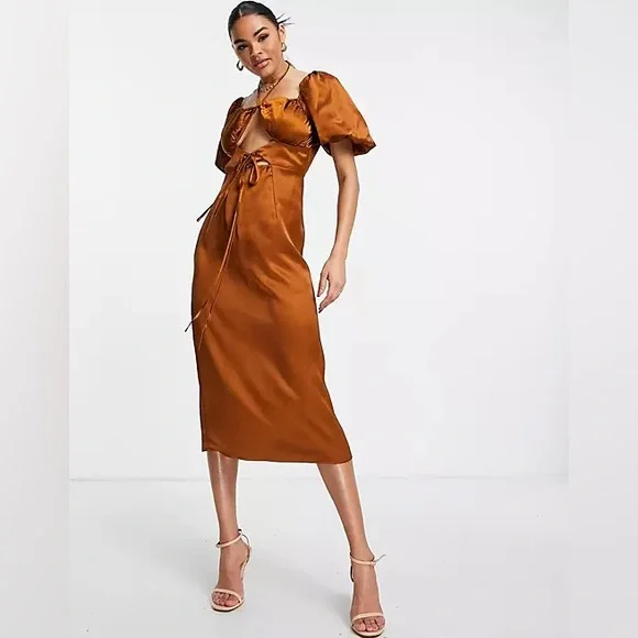 missguided brown satin dress MISSGUIDED Asymmetric Satin Halter Neck Thigh High Slit Dress